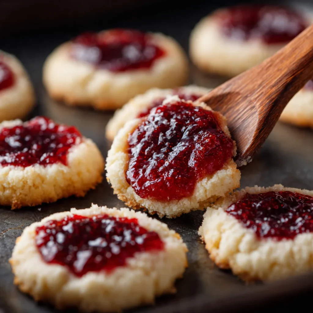 Thumbprint cookies baking in oven