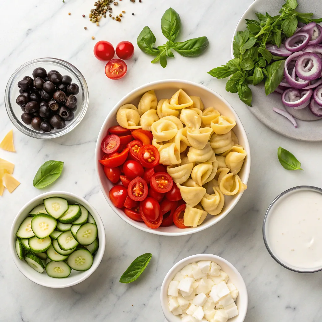Ingredients for tortellini pasta salad on marble counter