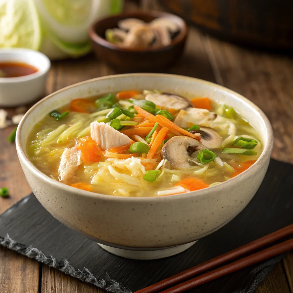 One-pot egg roll soup served hot in a ceramic bowl
