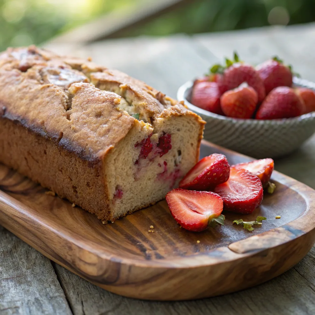 Slice of strawberry banana bread with fresh strawberries