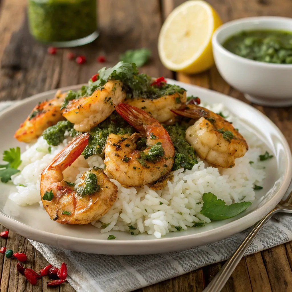 Pan seared chimichurri shrimp with rice