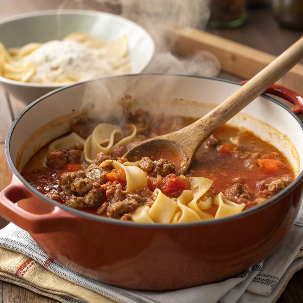 Cooking easy lasagna soup in pot