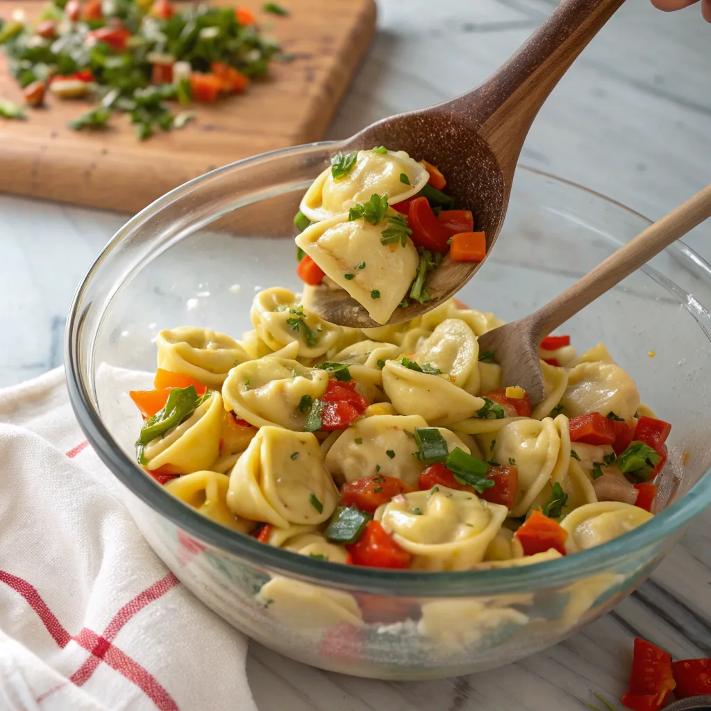 Mixing tortellini pasta salad in a glass bowl