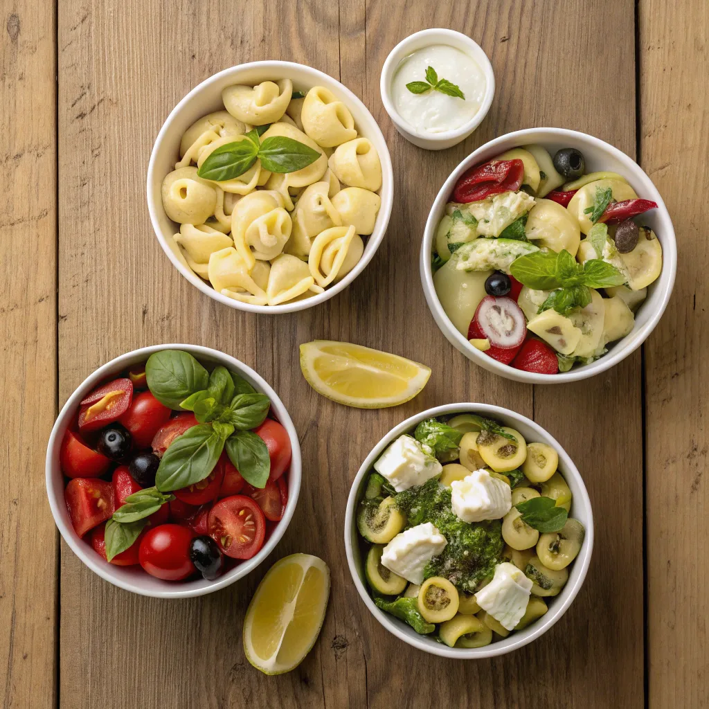Four variations of tortellini pasta salad in small bowls