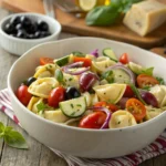 Close-up of tortellini pasta salad in a white bowl