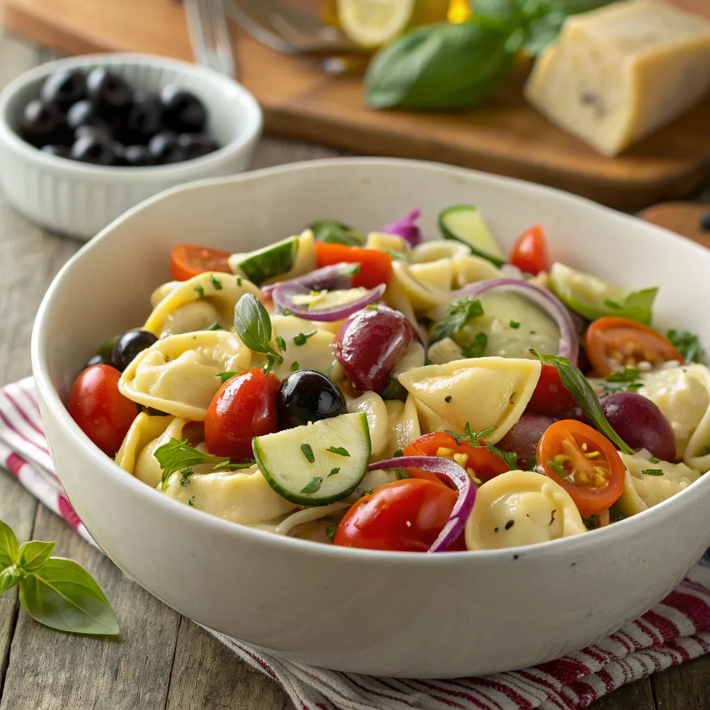 Close-up of tortellini pasta salad in a white bowl