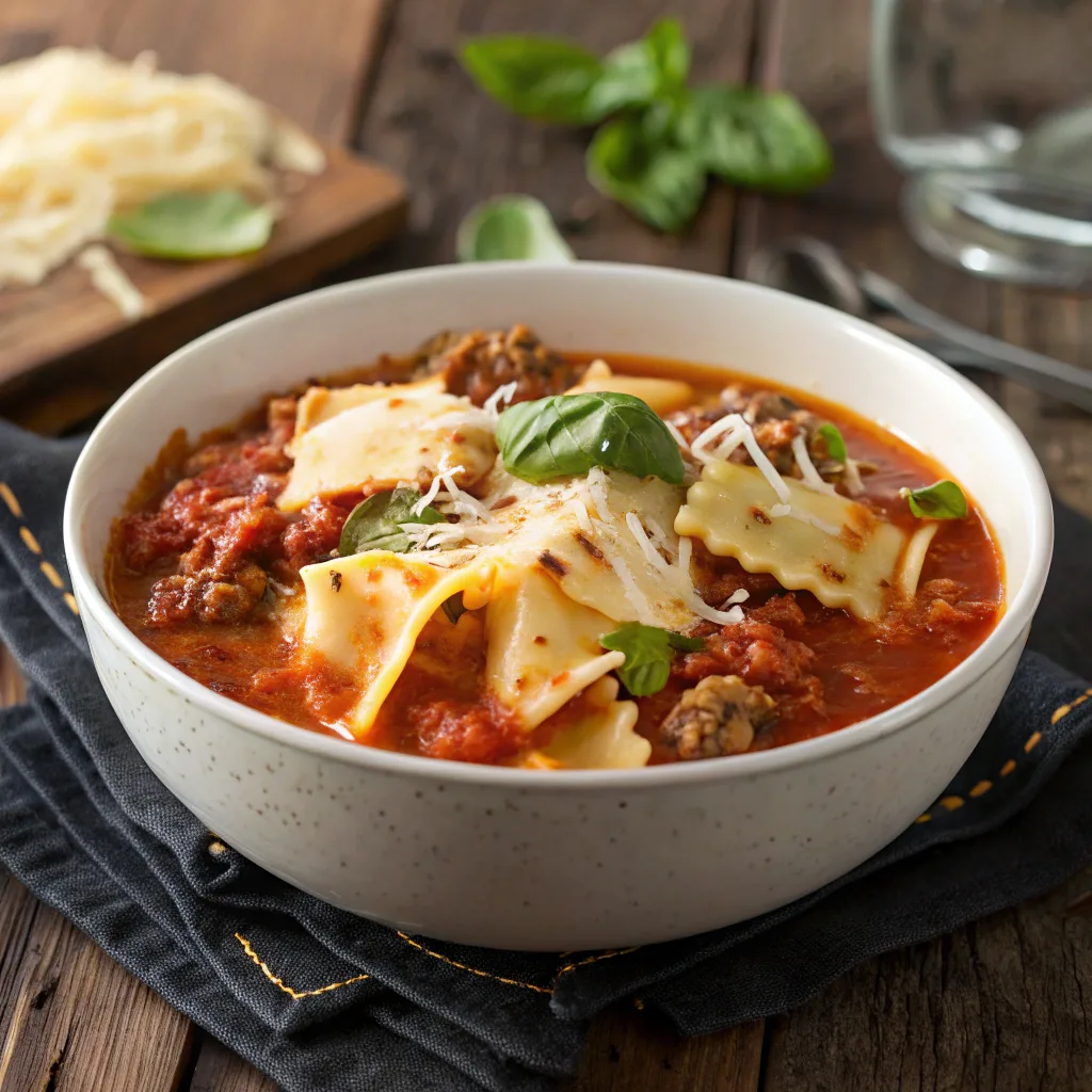Easy lasagna soup with ground beef, noodles, and cheese