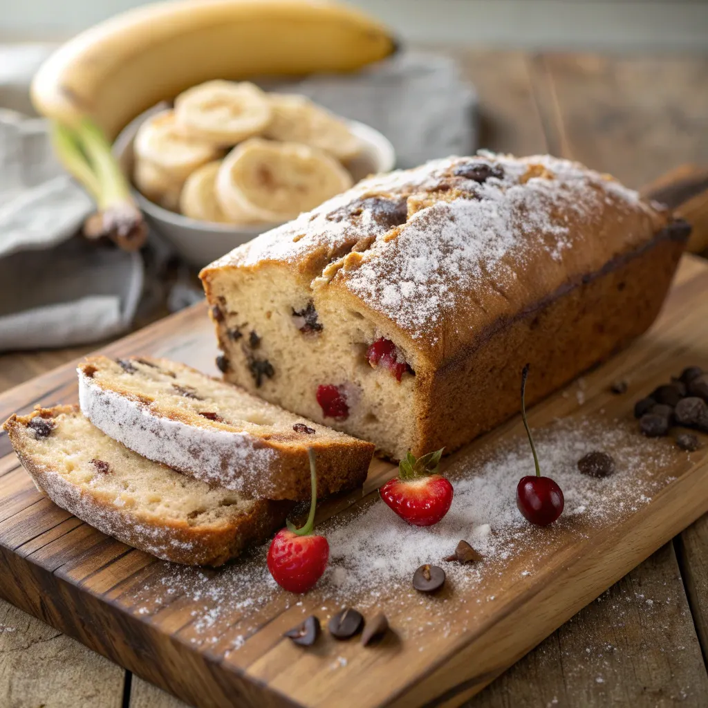 Freshly baked banana split bread sliced on board