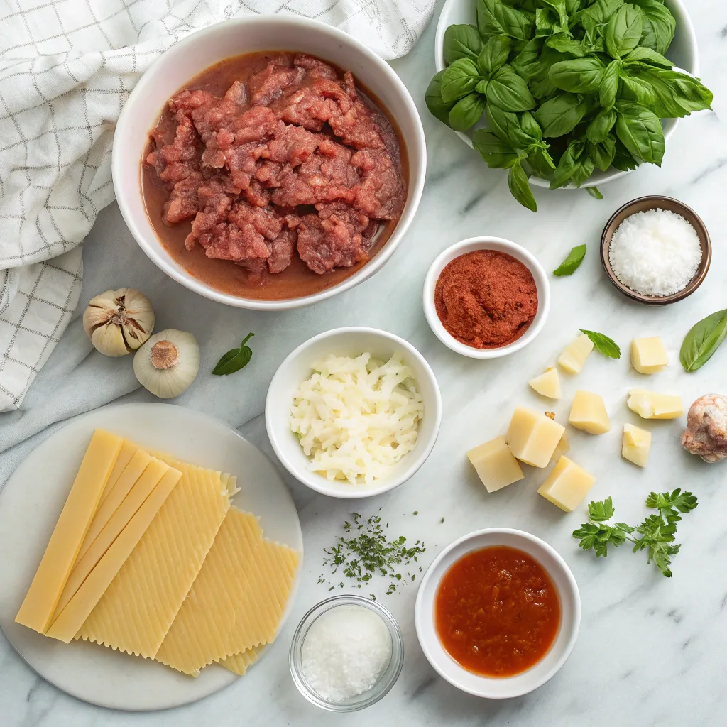 Ingredients for easy lasagna soup on counter
