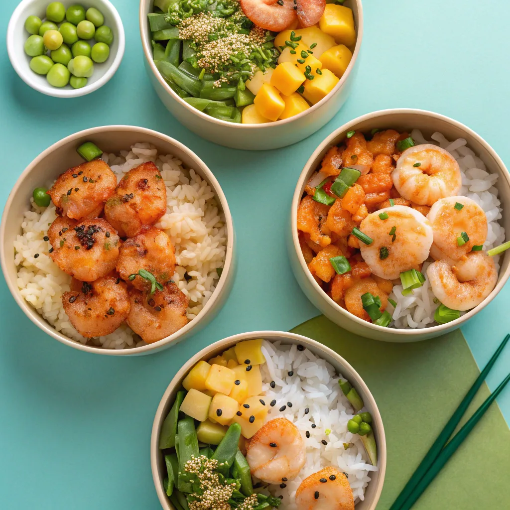 Variations of shrimp rice bowls