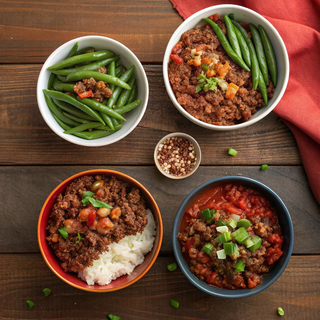 Four variations of Sweet Chili Ground Beef Bowls