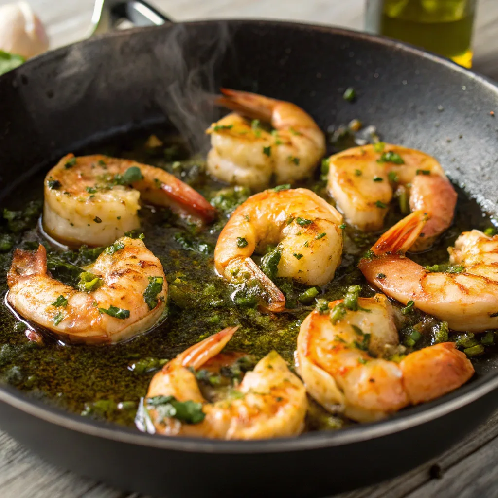 Cooking pan seared chimichurri shrimp in skillet