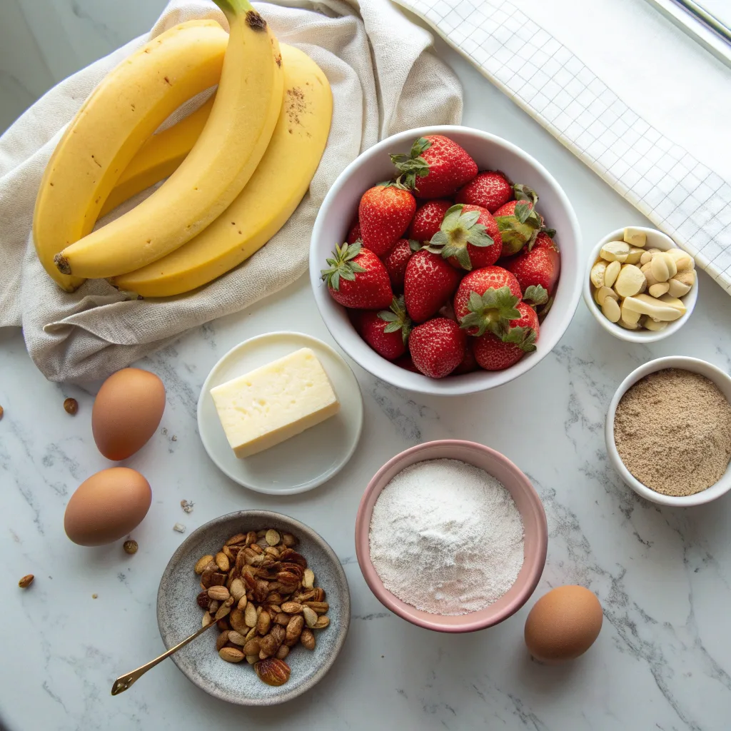 Ingredients for strawberry banana bread on marble counter