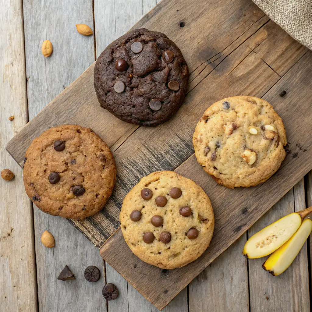 Four variations of banana bread cookies