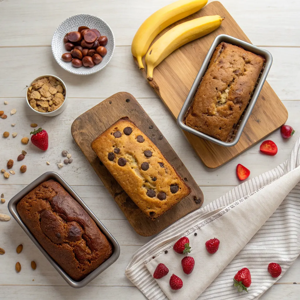 Four banana bread variations flat lay