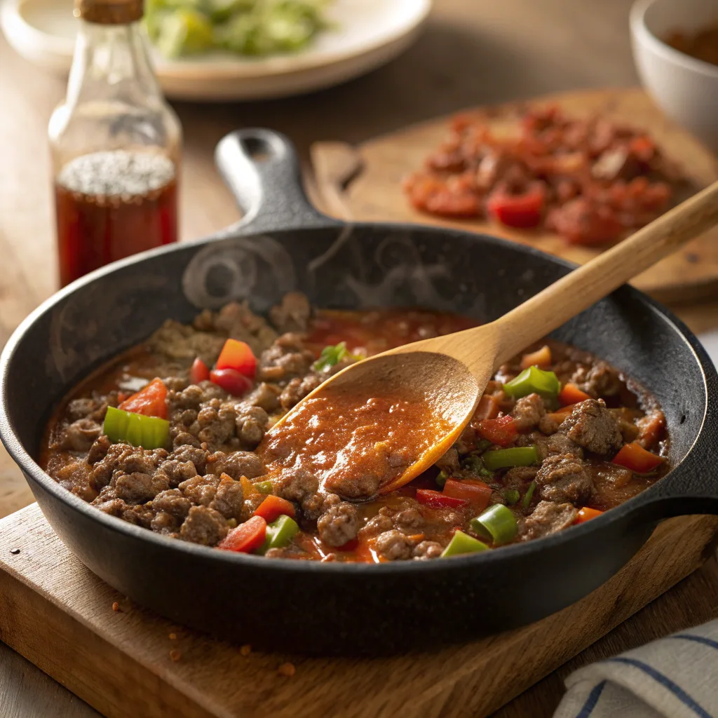 Cooking Sweet Chili Ground Beef Bowls in a skillet