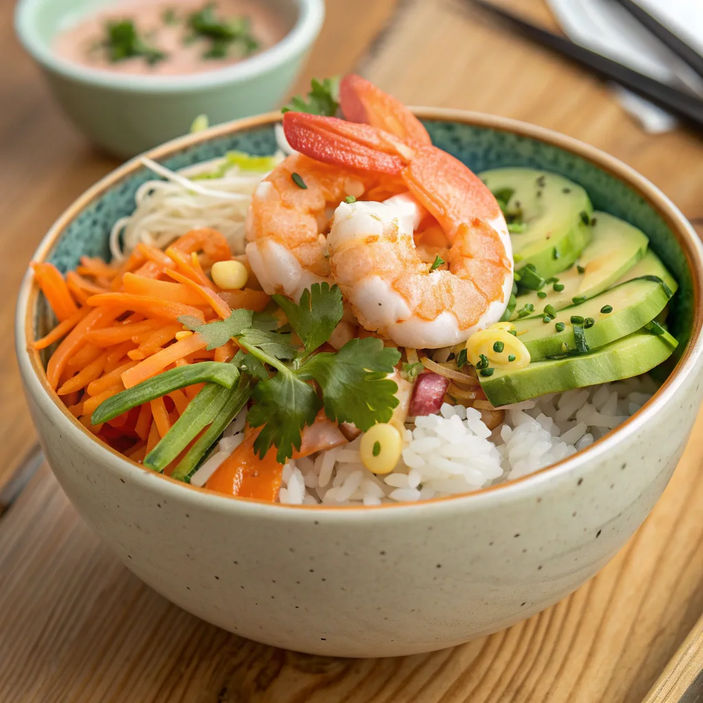 Shrimp rice bowls with spicy mayo