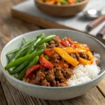 Sweet Chili Ground Beef Bowls served in a rustic white bowl