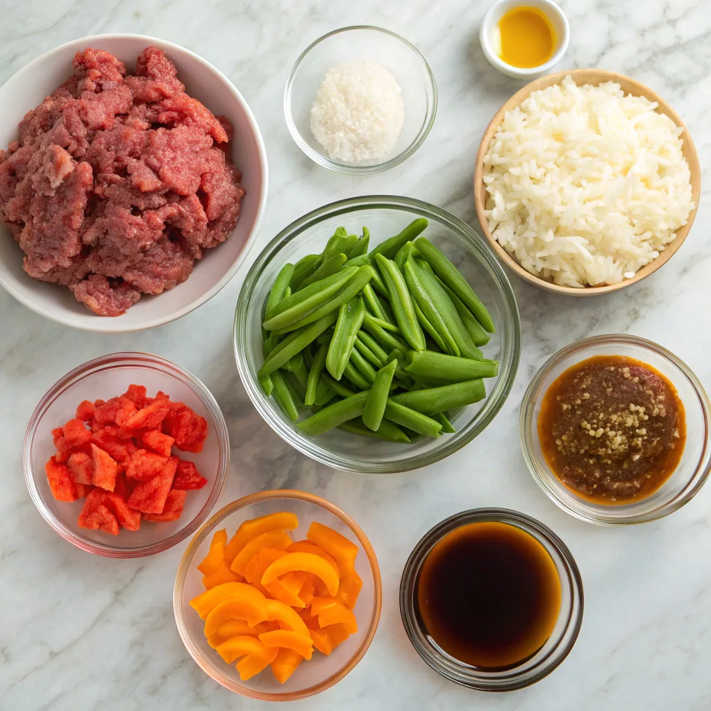 Ingredients for Sweet Chili Ground Beef Bowls laid out on marble