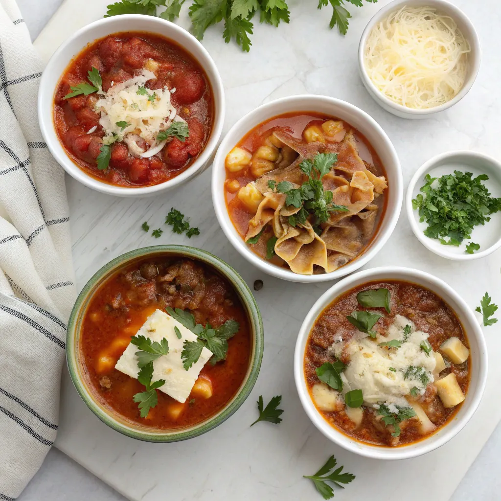 Variations of easy lasagna soup in bowls