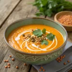 Creamy carrot and lentil soup in a white bowl