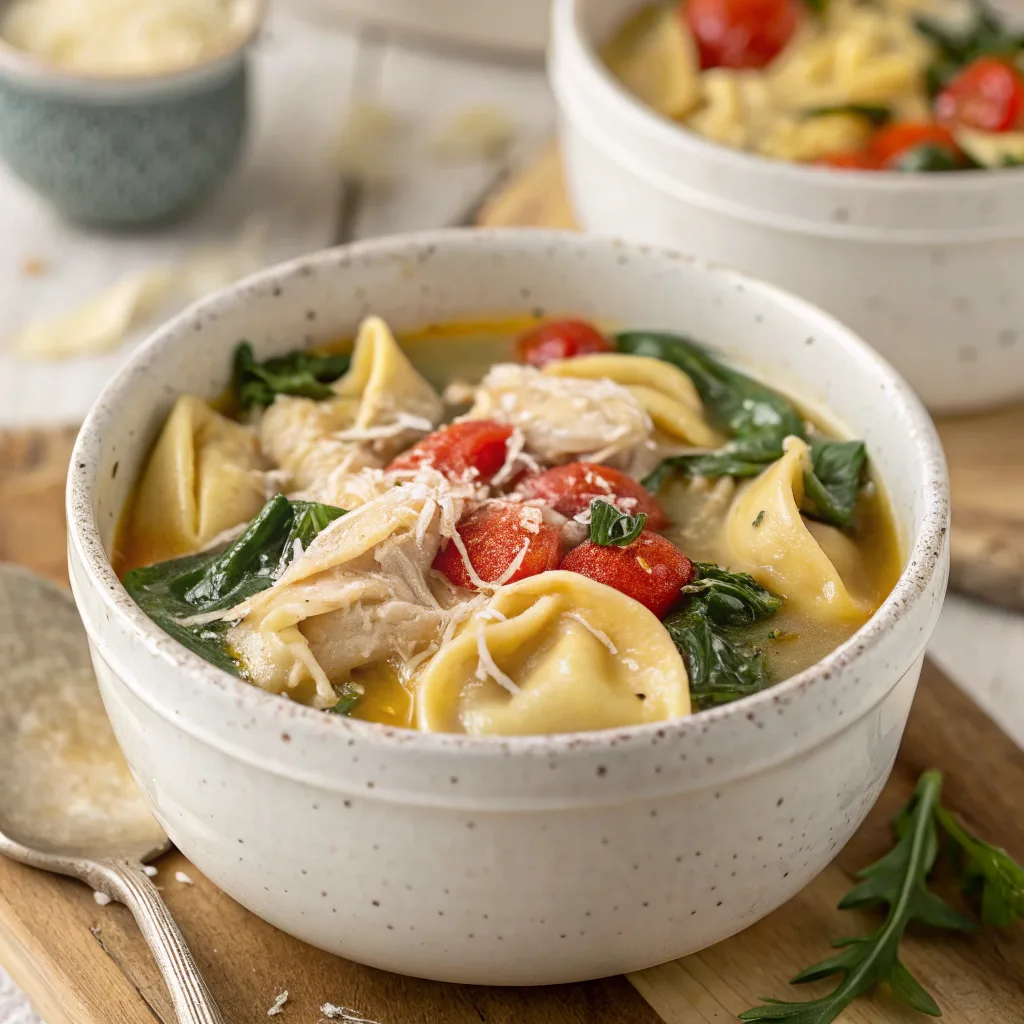 Crockpot chicken tortellini soup in a rustic bowl