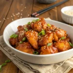 Crockpot Orange Chicken served in white bowl with sauce