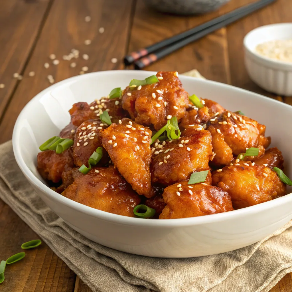 Crockpot Orange Chicken served in white bowl with sauce