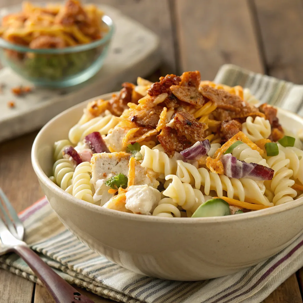 Creamy bacon cheddar ranch pasta salad in a bowl