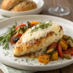 Flavorful Baked Ricotta Chicken with Lemon and Parmesan 12 Baked ricotta chicken on plate with roasted vegetables