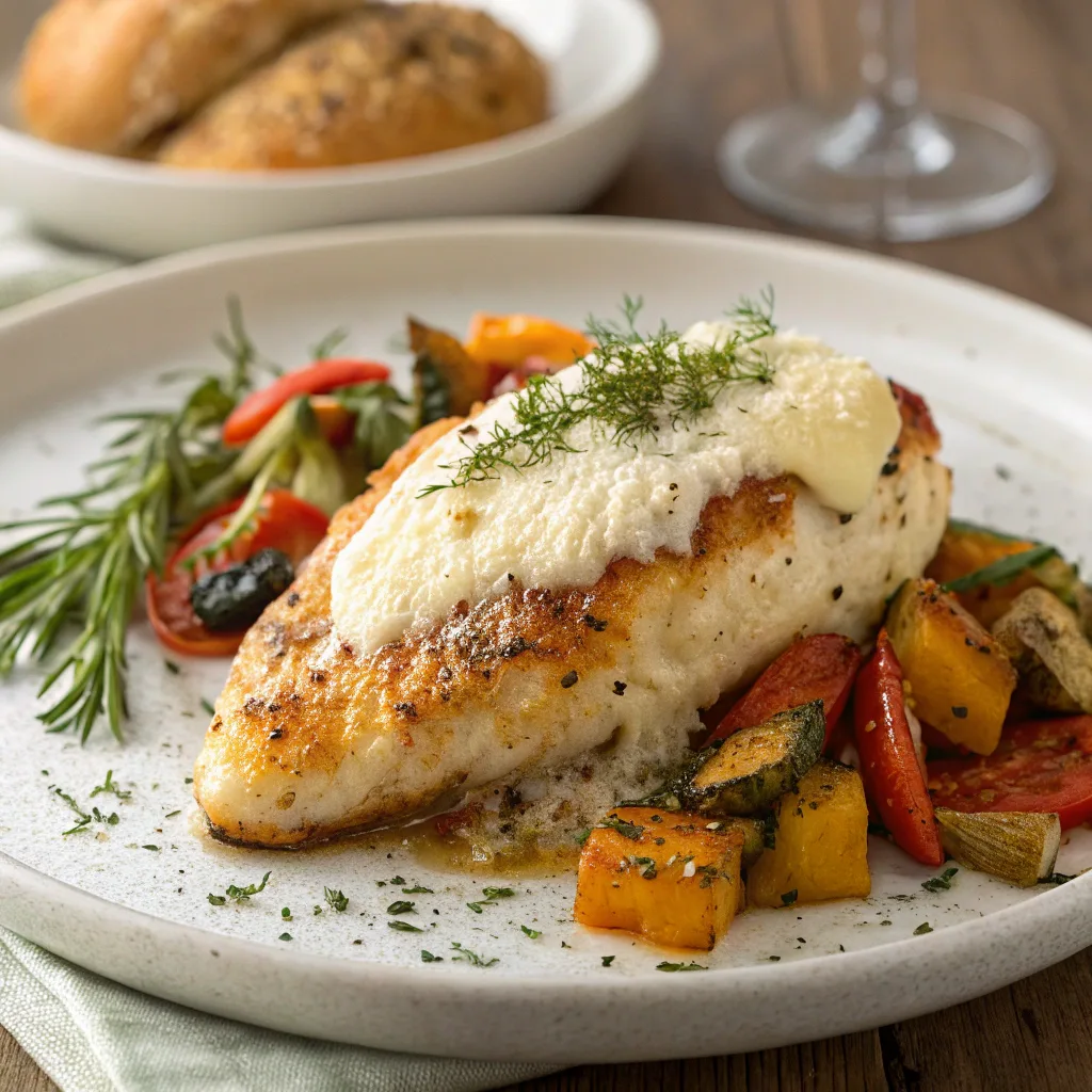 Baked ricotta chicken on plate with roasted vegetables