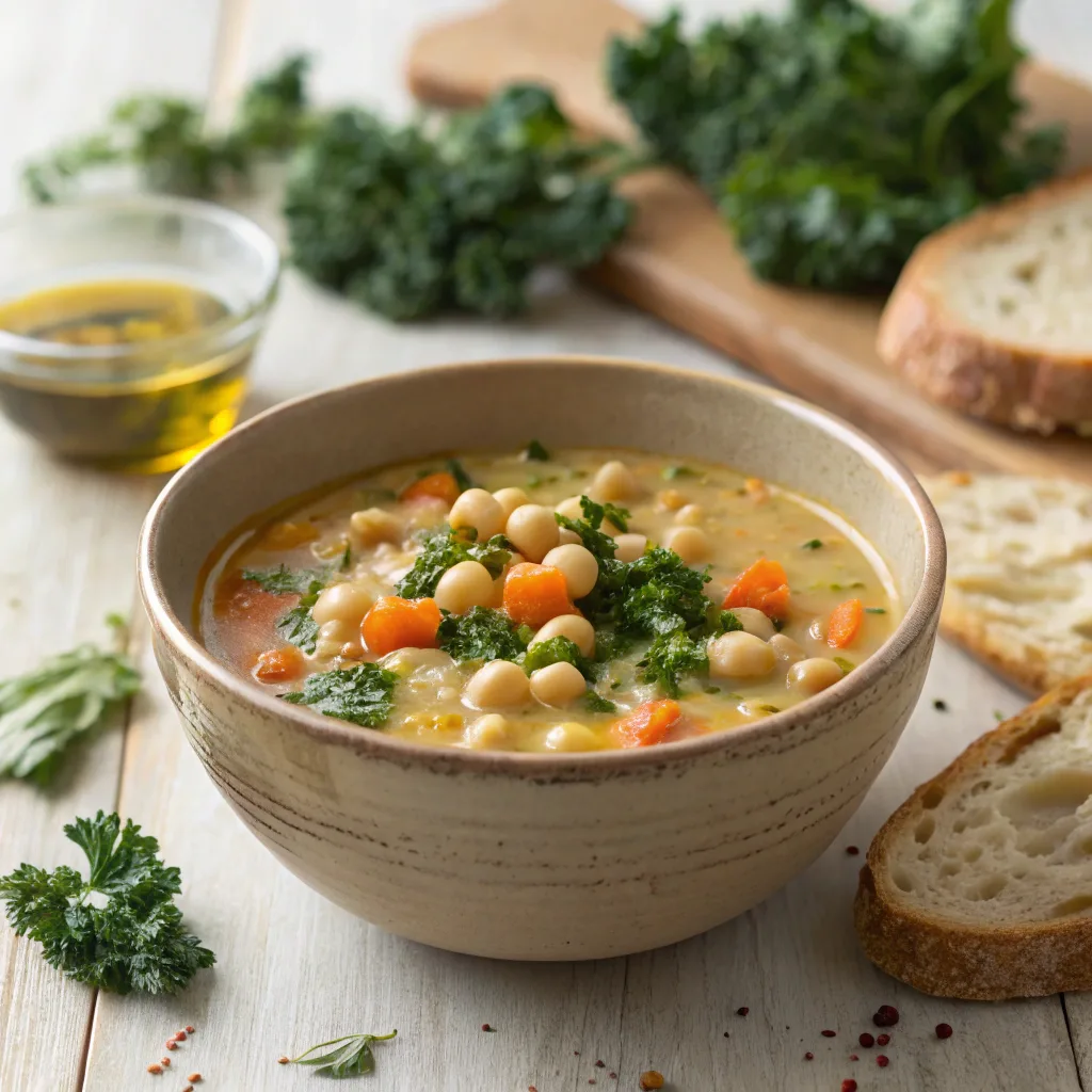 Bowl of Tuscan chickpea soup with kale