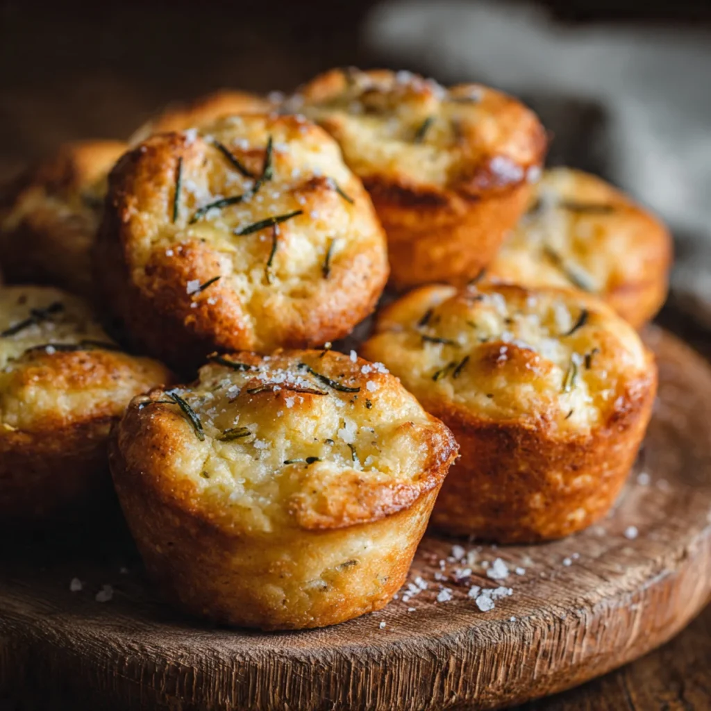 Close-up of golden garlic focaccia muffin