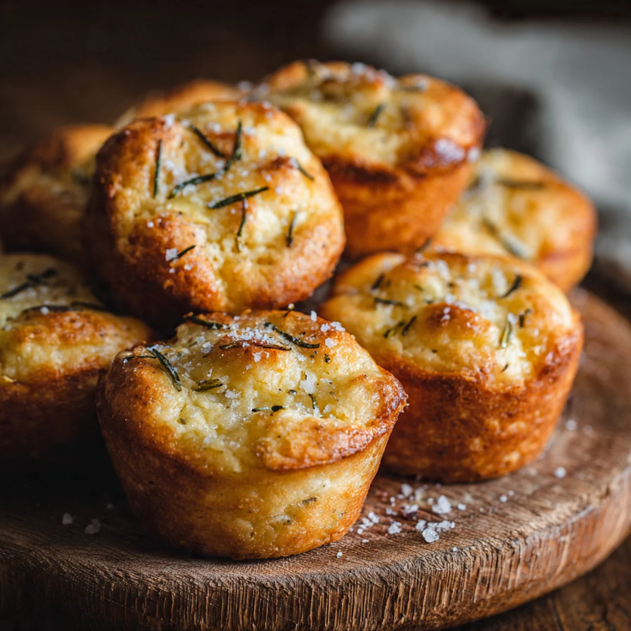 Close-up of golden garlic focaccia muffin