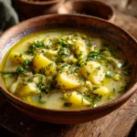 Close-up of homemade vegan potato leek soup