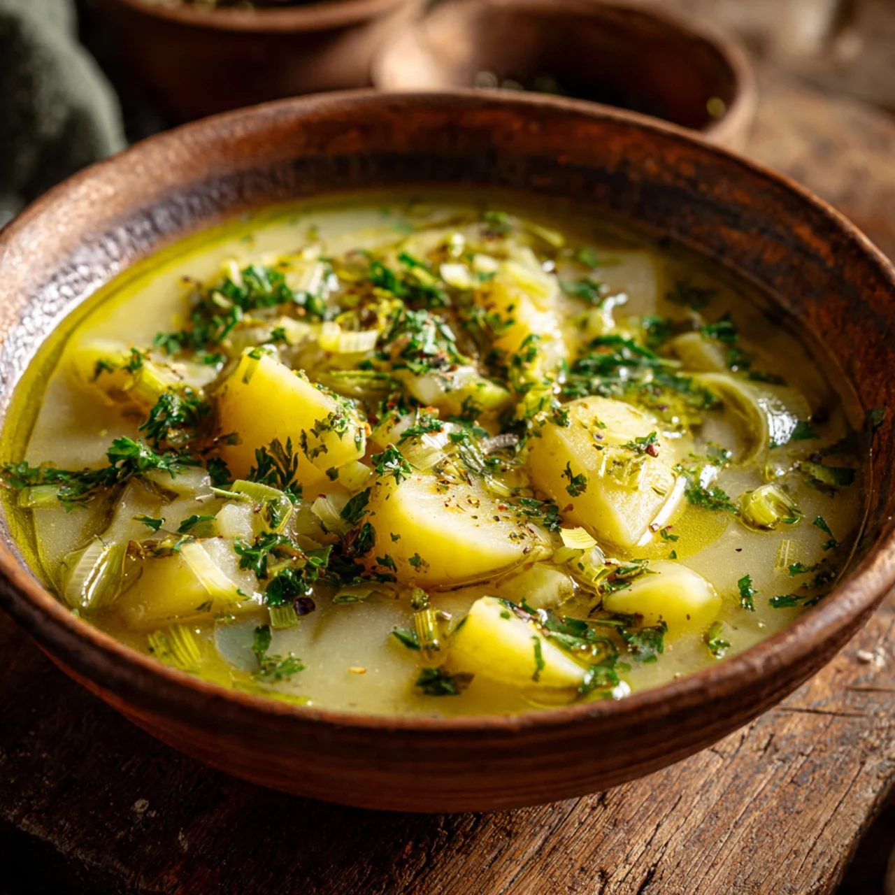 Close-up of homemade vegan potato leek soup