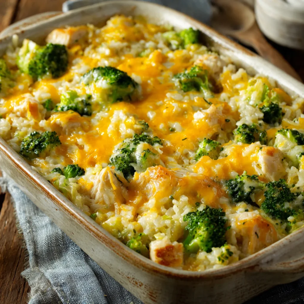 Cheesy Broccoli Chicken and Rice Casserole served hot