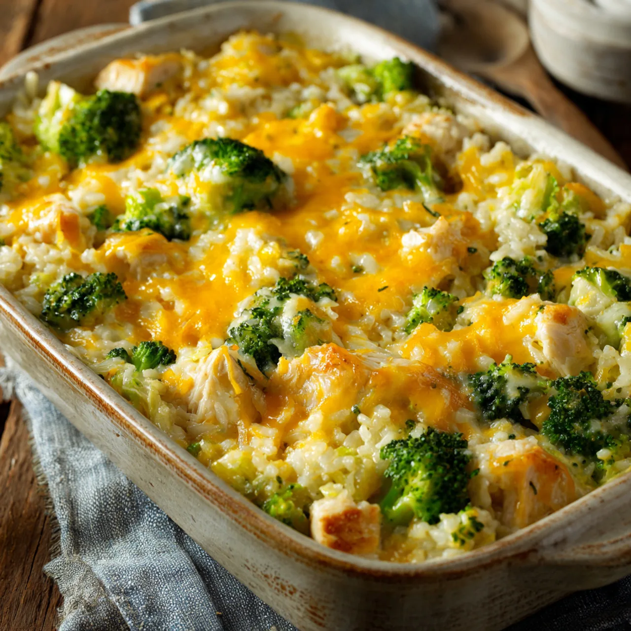 Cheesy Broccoli Chicken and Rice Casserole served hot