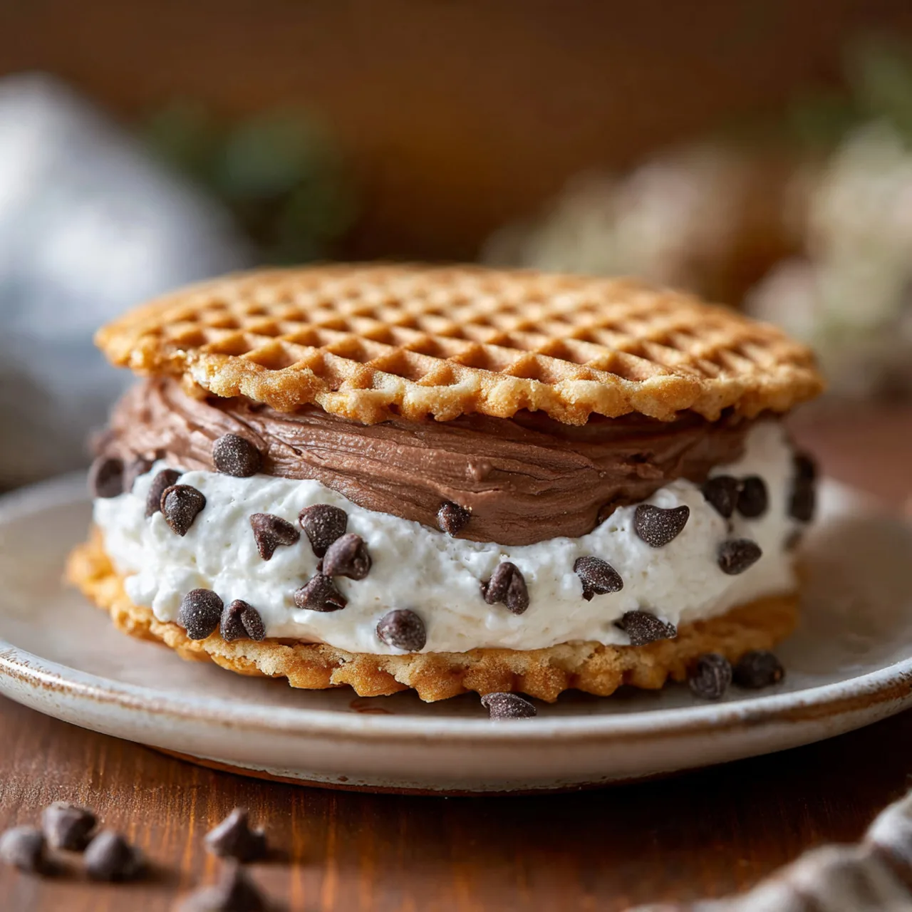 Chocolate Cannoli Pizzelle Sandwiches – Easy, No-Bake Italian Dessert 8 Chocolate Cannoli Pizzelle Sandwich on a plate