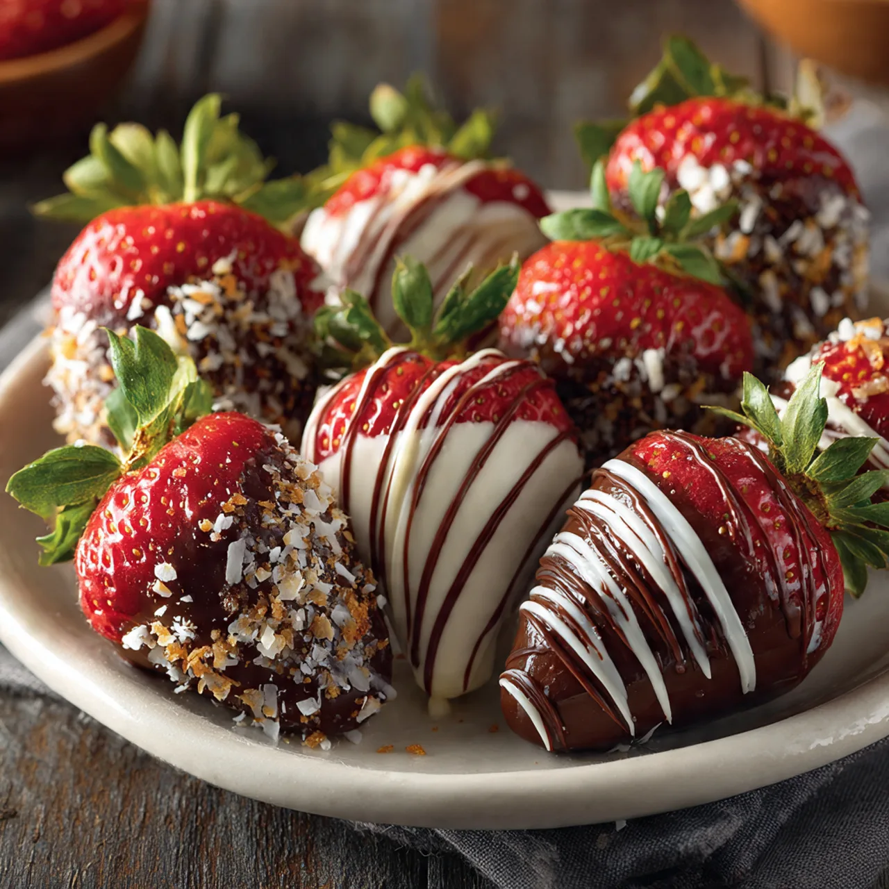 Chocolate covered strawberries on white plate
