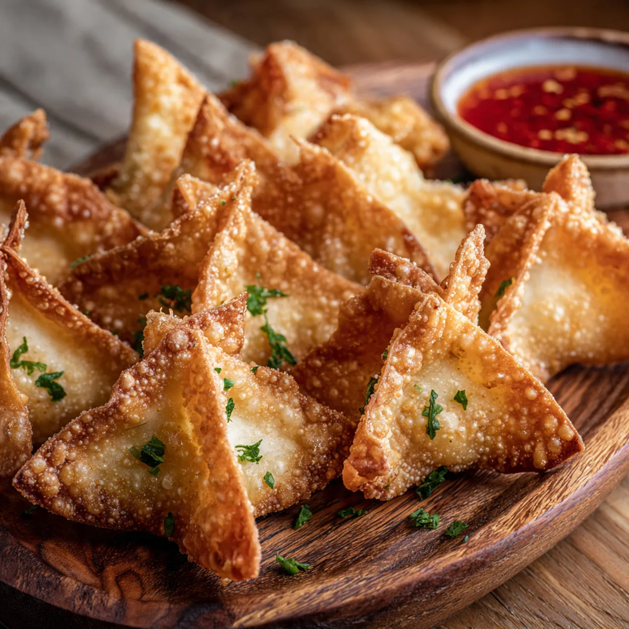 Crispy crab rangoon served with sweet chili sauce