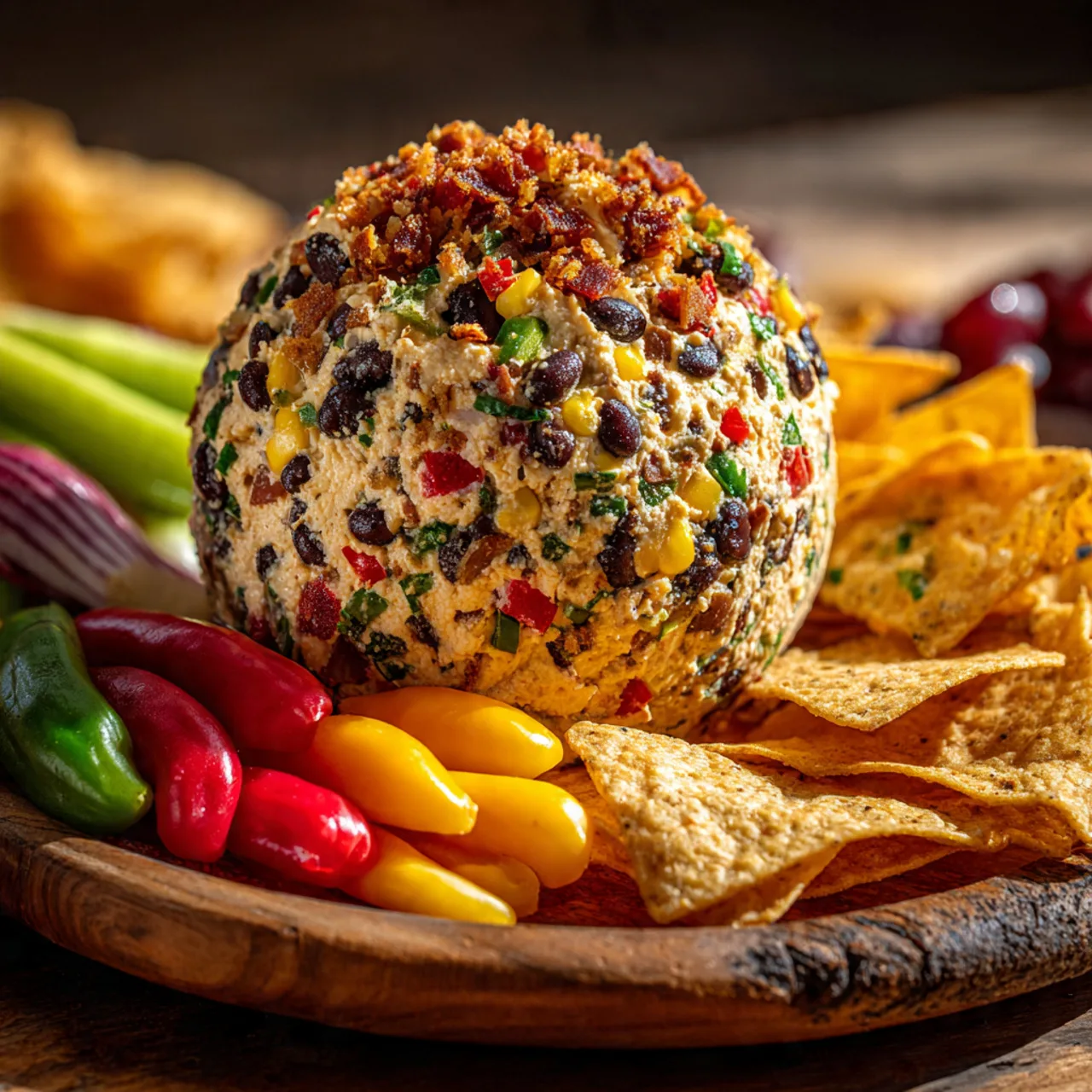 Close-up of Cowboy Caviar Jalapeño Popper Cheese Ball