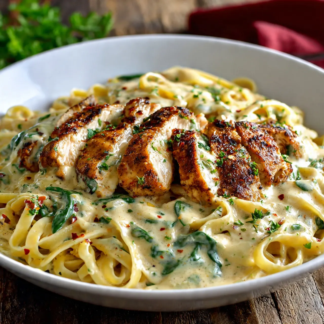 Creamy Cajun Chicken Alfredo with sliced chicken