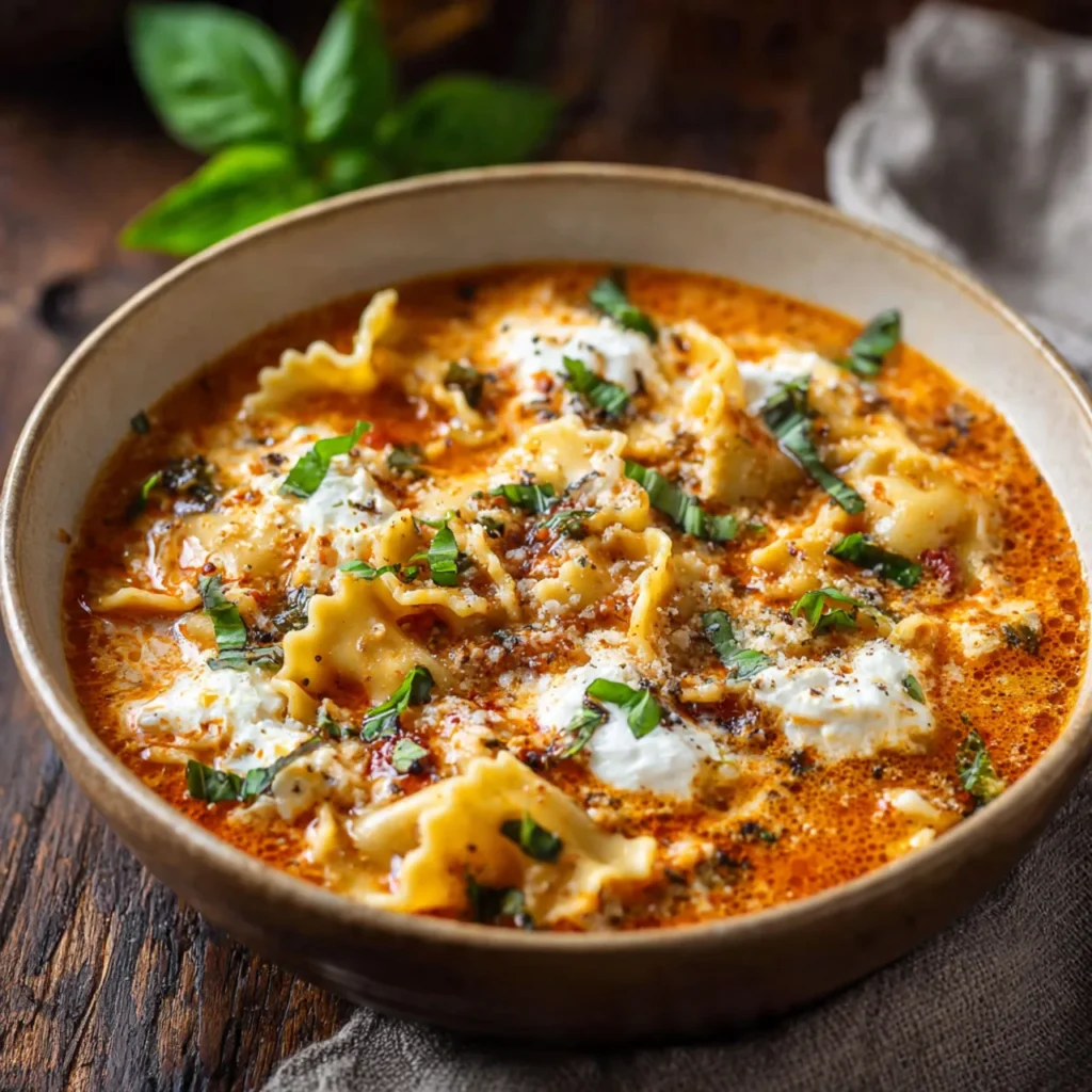 Rich Lasagna Soup For One served hot in a bowl