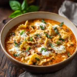 Rich Lasagna Soup For One served hot in a bowl