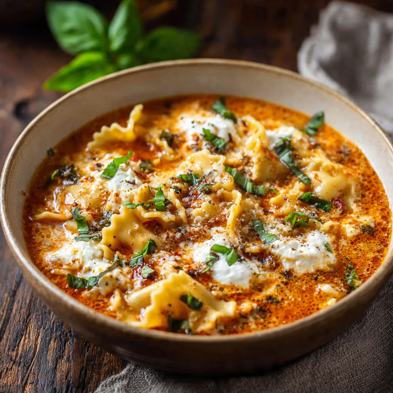 Rich Lasagna Soup For One served hot in a bowl