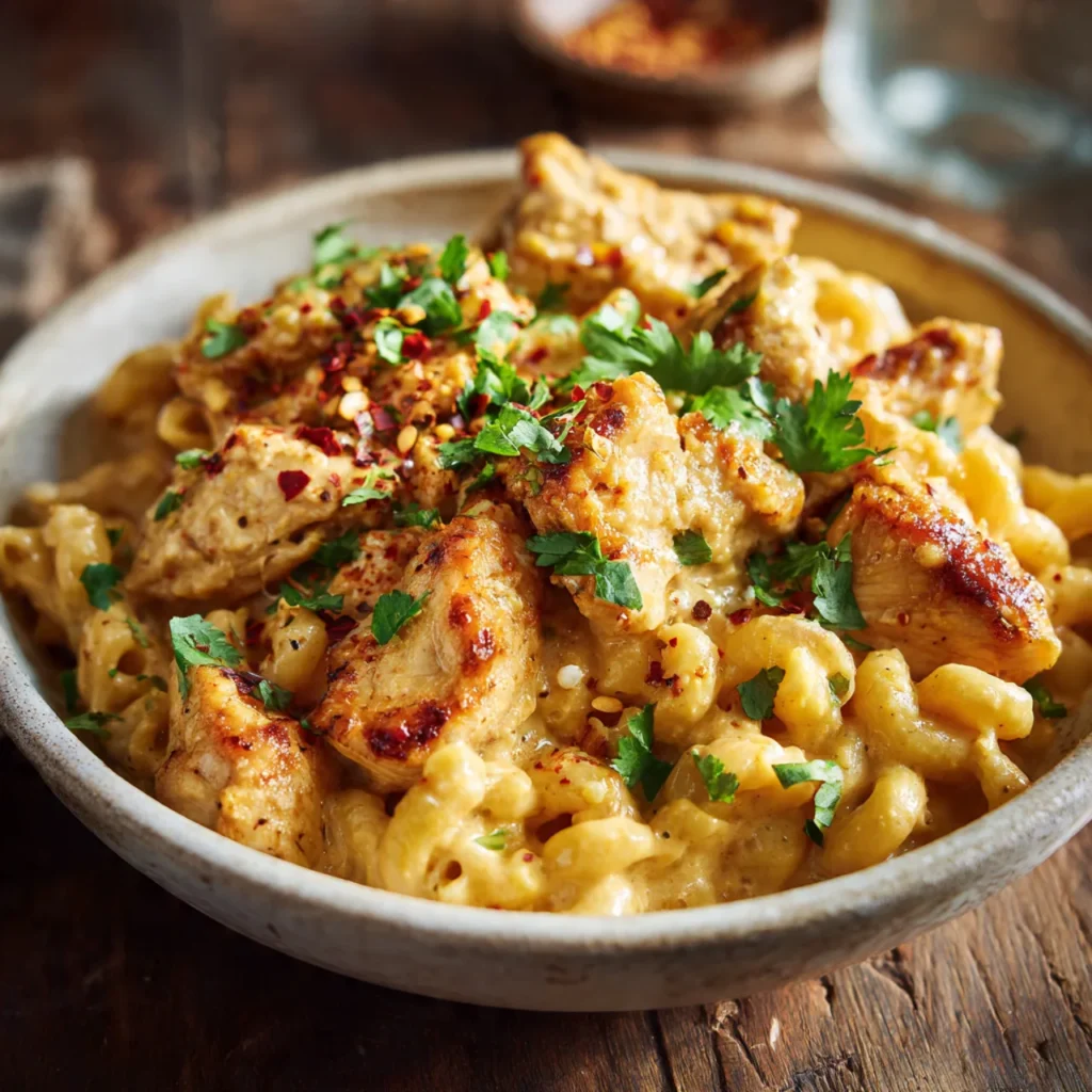 Simple protein butter chicken with mac and cheese served hot