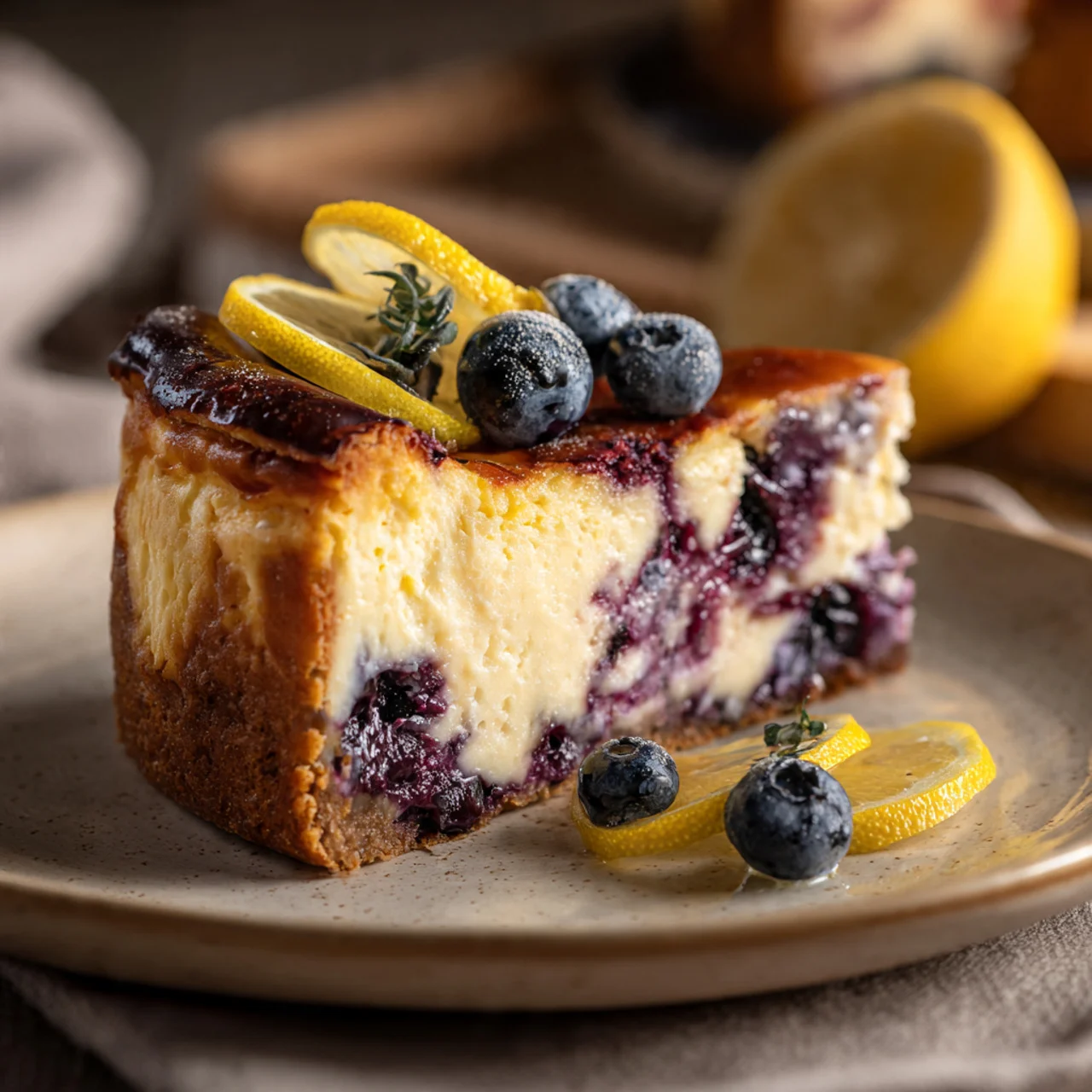 Slice of citrus berry burnt cheesecake on plate