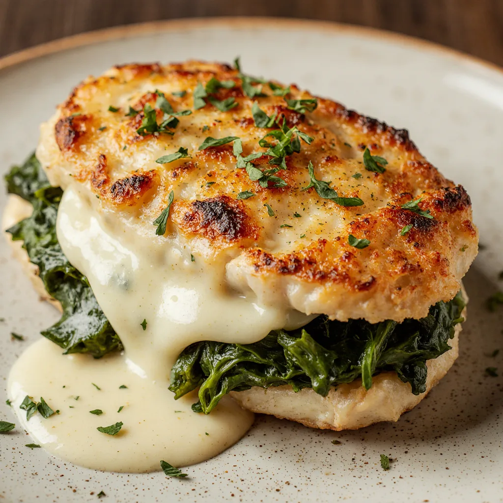 Garlic spinach stuffed chicken breast cut open with melted mozzarella