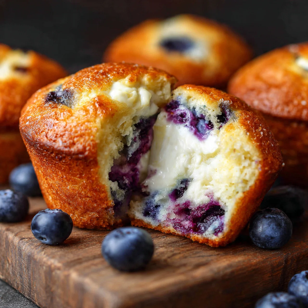 Blueberry Cream Cheese Muffins – Easy, Fluffy, and Family-Friendly 8 Close-up of a split blueberry cream cheese muffin